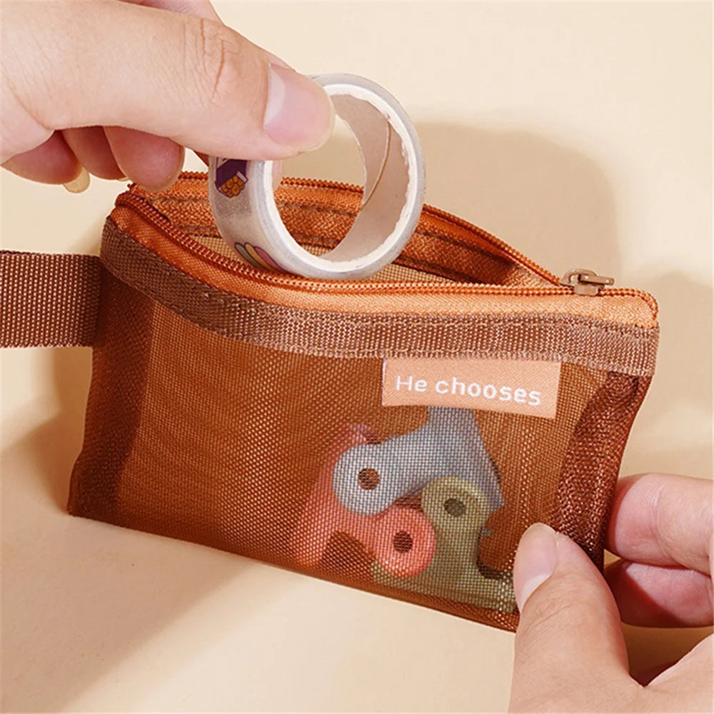HE CHOOSES D013 Nylon Coin Purse Square Mesh Storage Bag Mini Zipper Pouch - Caramel Brown - 2