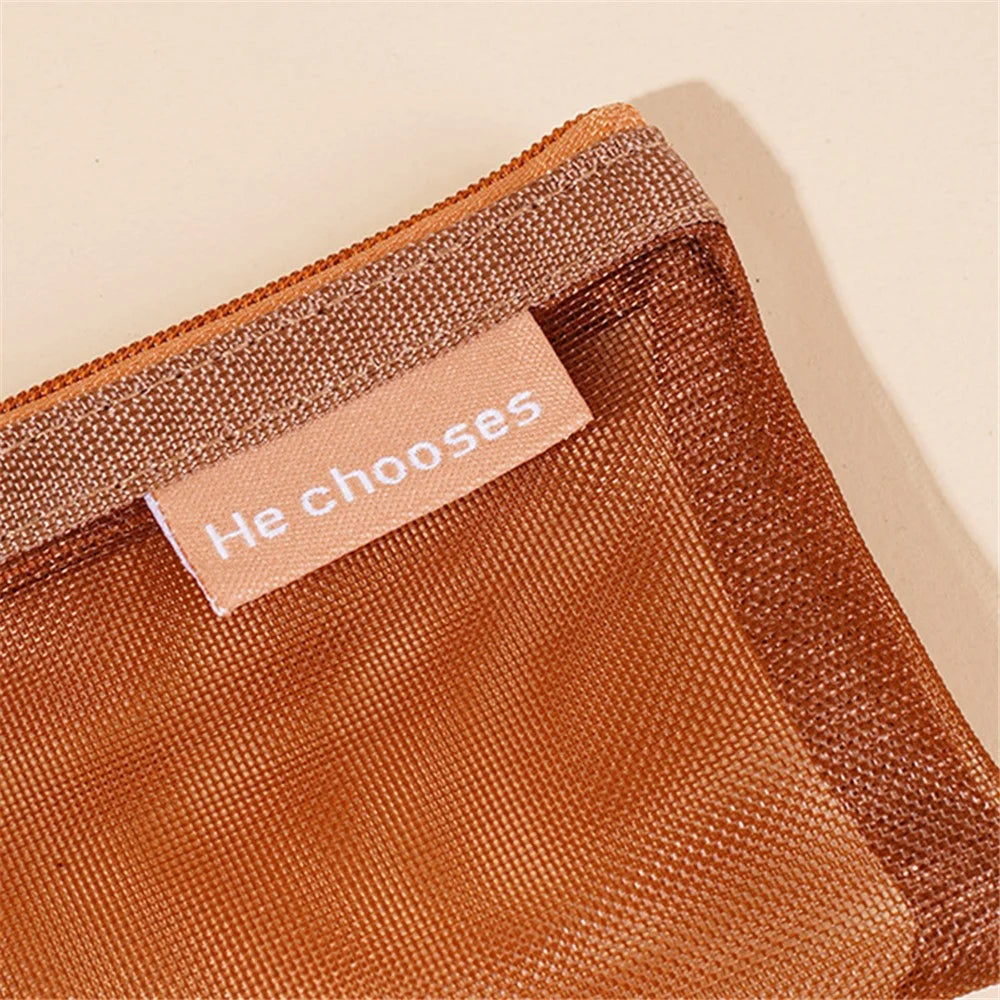 HE CHOOSES D013 Nylon Coin Purse Square Mesh Storage Bag Mini Zipper Pouch - Caramel Brown - 4