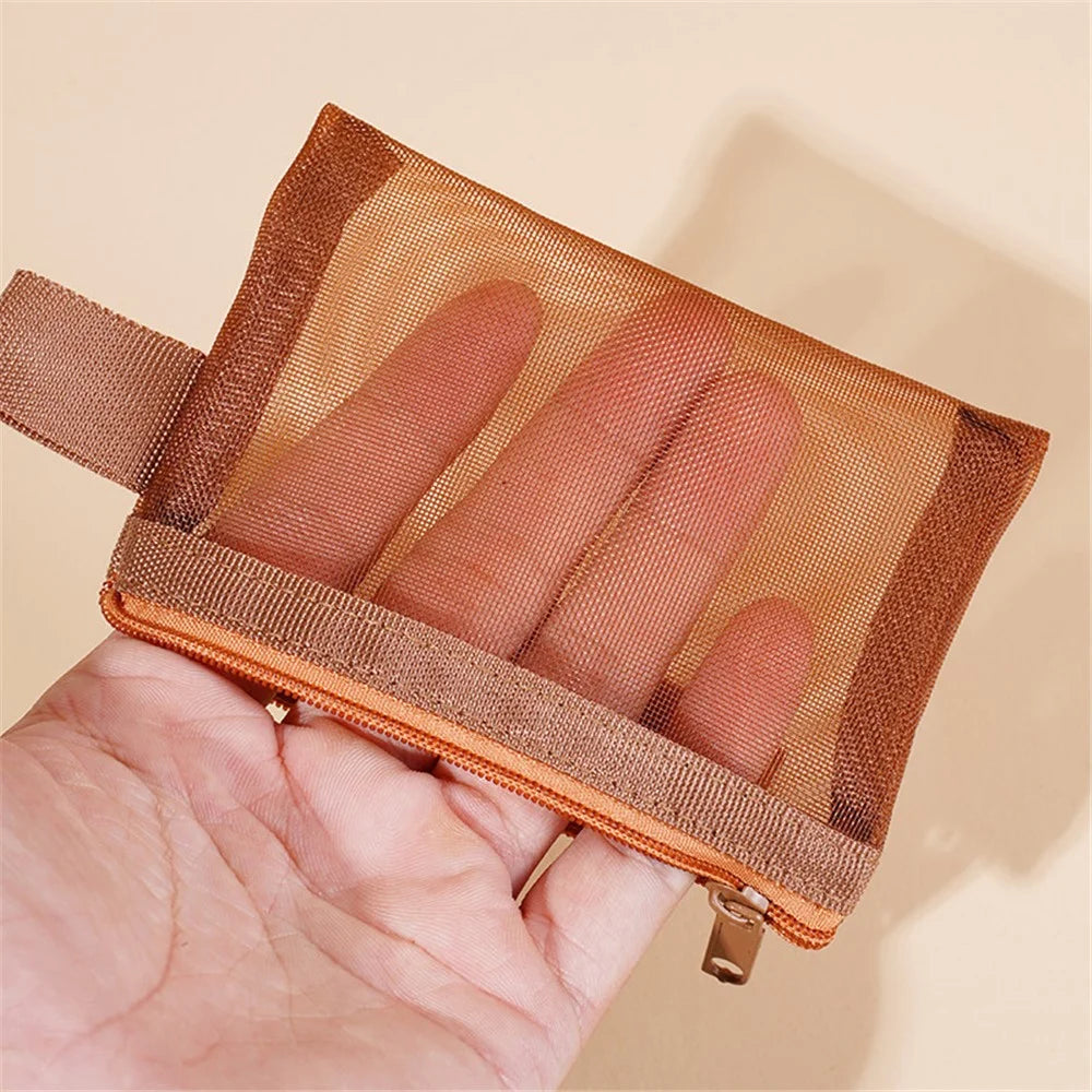 HE CHOOSES D013 Nylon Coin Purse Square Mesh Storage Bag Mini Zipper Pouch - Caramel Brown - 5