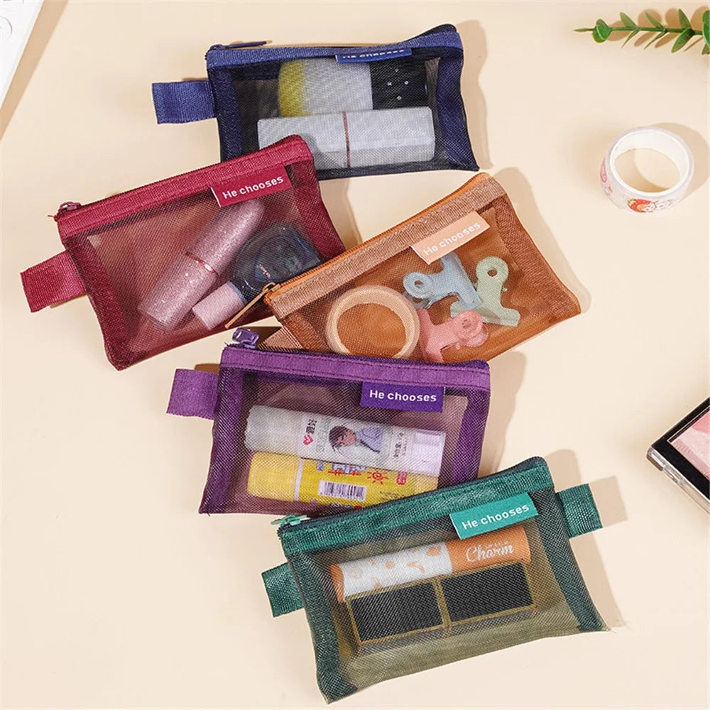 HE CHOOSES D013 Nylon Coin Purse Square Mesh Storage Bag Mini Zipper Pouch - Caramel Brown - 6