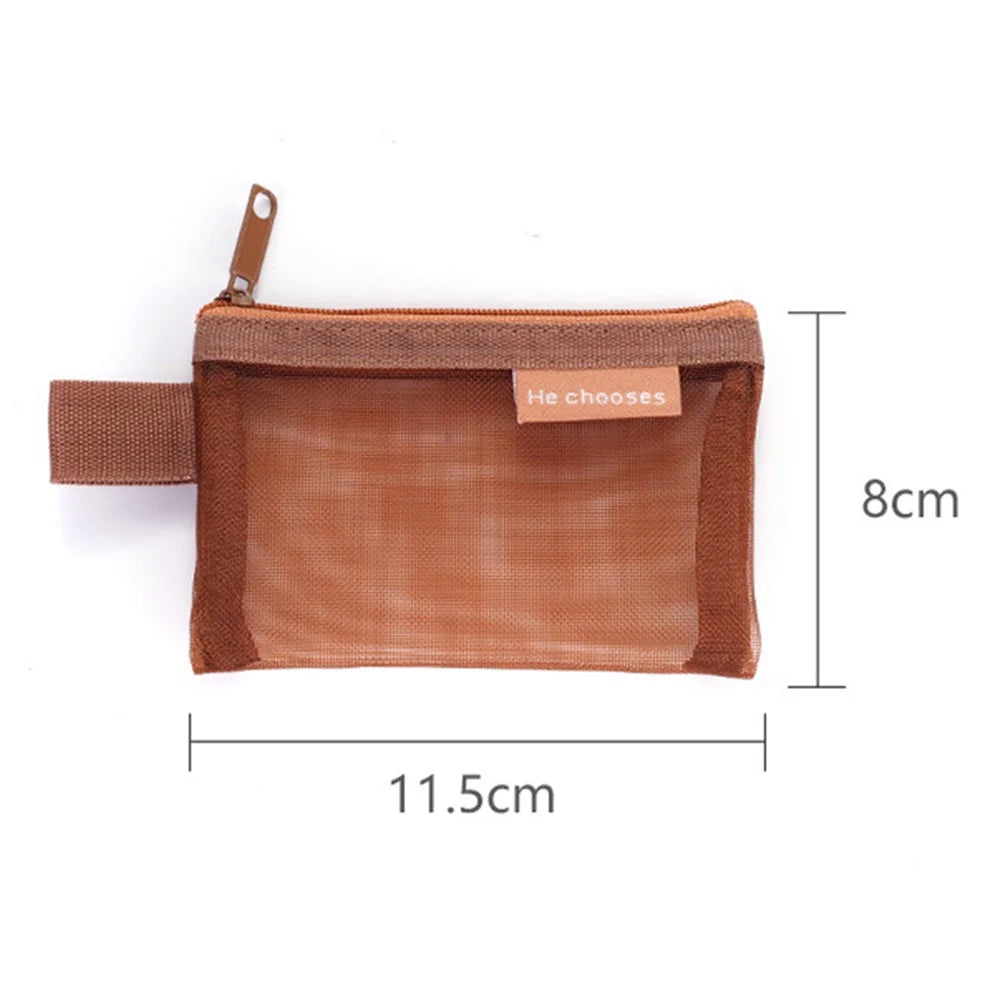 HE CHOOSES D013 Nylon Coin Purse Square Mesh Storage Bag Mini Zipper Pouch - Caramel Brown - 7