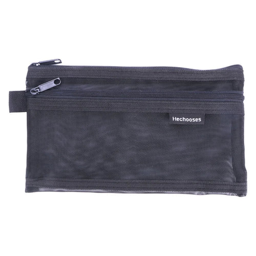 HE CHOOSES D005 Double Layer Nylon Mesh Student Stationery Storage Bag - Black - 1
