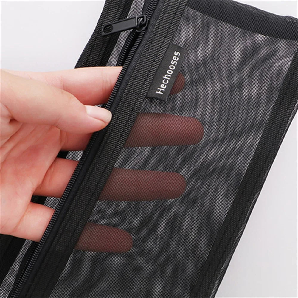HE CHOOSES D005 Double Layer Nylon Mesh Student Stationery Storage Bag - Black - 2