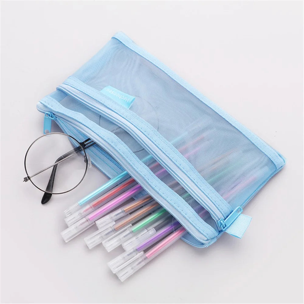 HE CHOOSES D005 Double Layer Nylon Mesh Student Stationery Storage Bag - Black - 4