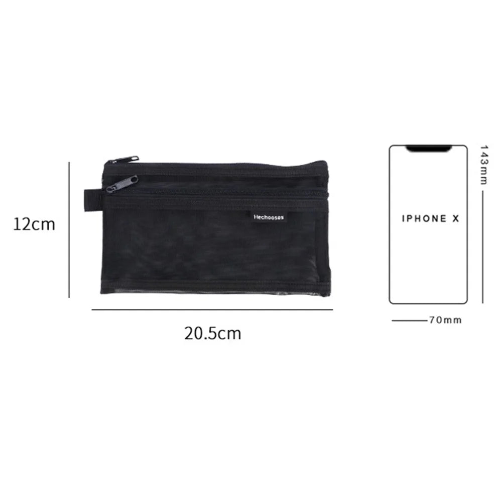 HE CHOOSES D005 Double Layer Nylon Mesh Student Stationery Storage Bag - Black - 5