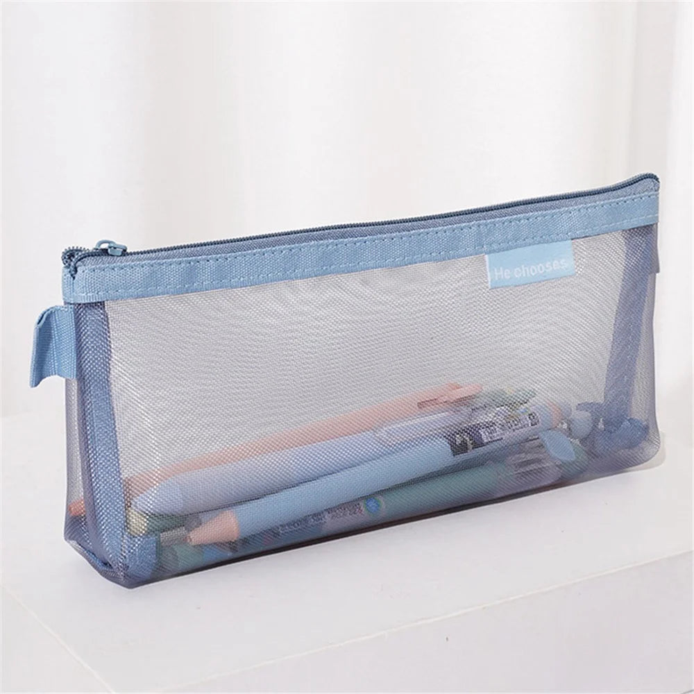 HE CHOOSES D001 Nylon Mesh Pencil Case Student Stationery Storage Bag - Blue - 1