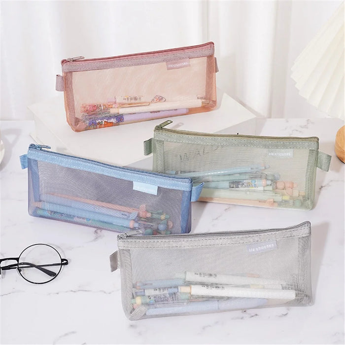 HE CHOOSES D001 Nylon Mesh Pencil Case Student Stationery Storage Bag - Blue - 5