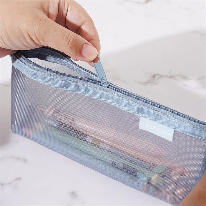 HE CHOOSES D001 Nylon Mesh Pencil Case Student Stationery Storage Bag - Blue - 6