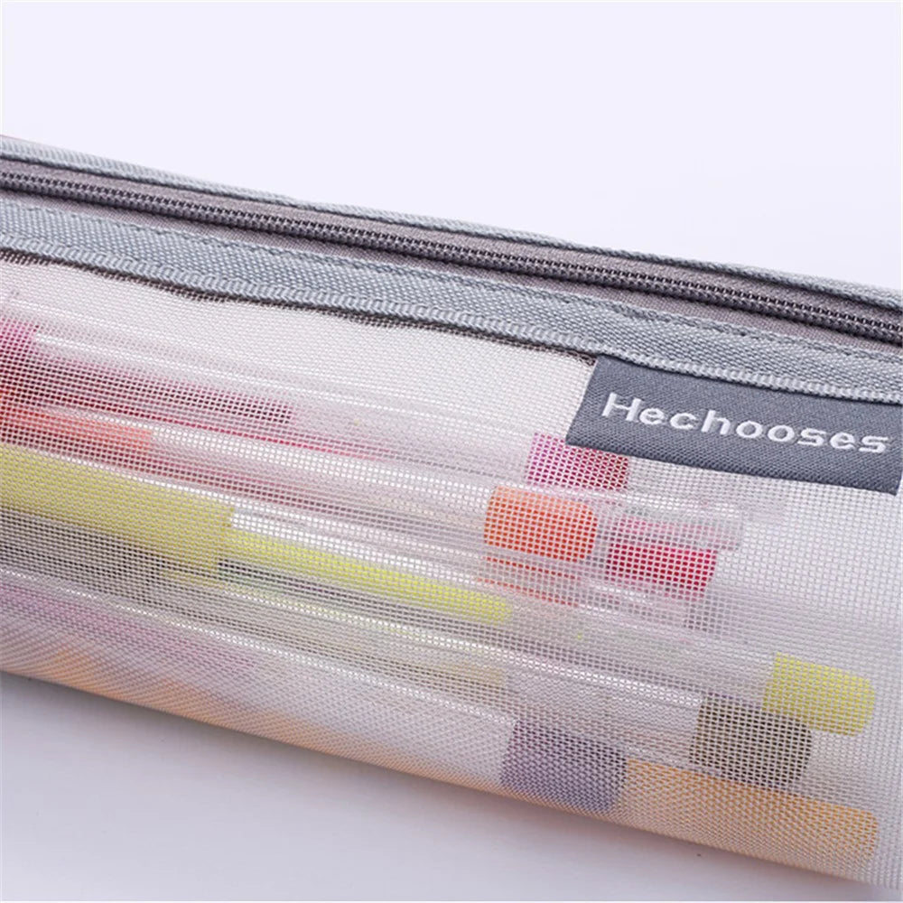 HE CHOOSES D048 Nylon Mesh Student Pencil Stationery Storage Bag with Hand Strap - Grey - 2