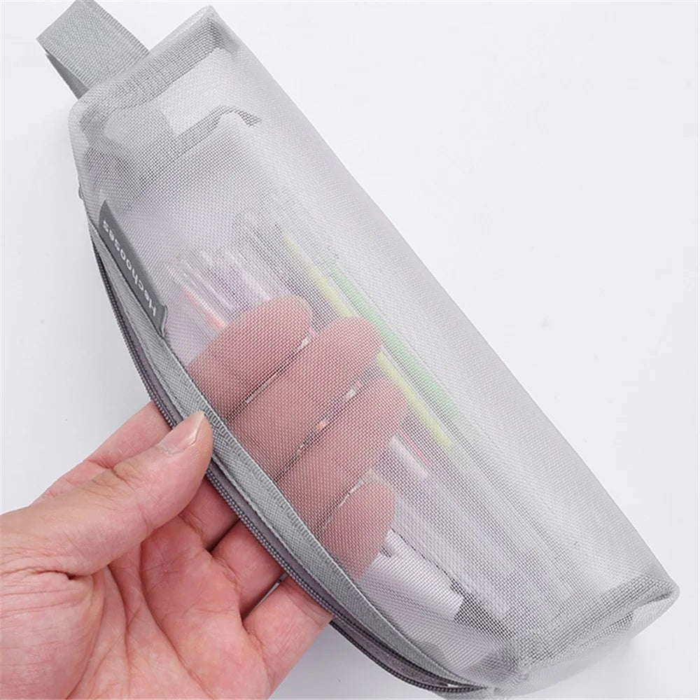 HE CHOOSES D048 Nylon Mesh Student Pencil Stationery Storage Bag with Hand Strap - Grey - 3