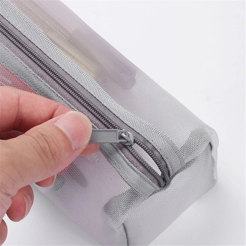 HE CHOOSES D048 Nylon Mesh Student Pencil Stationery Storage Bag with Hand Strap - Grey - 4