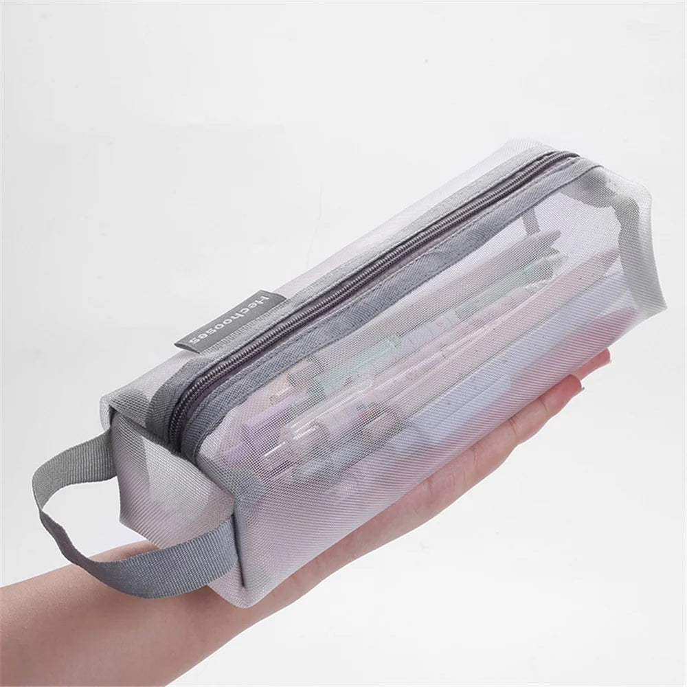 HE CHOOSES D048 Nylon Mesh Student Pencil Stationery Storage Bag with Hand Strap - Grey - 5