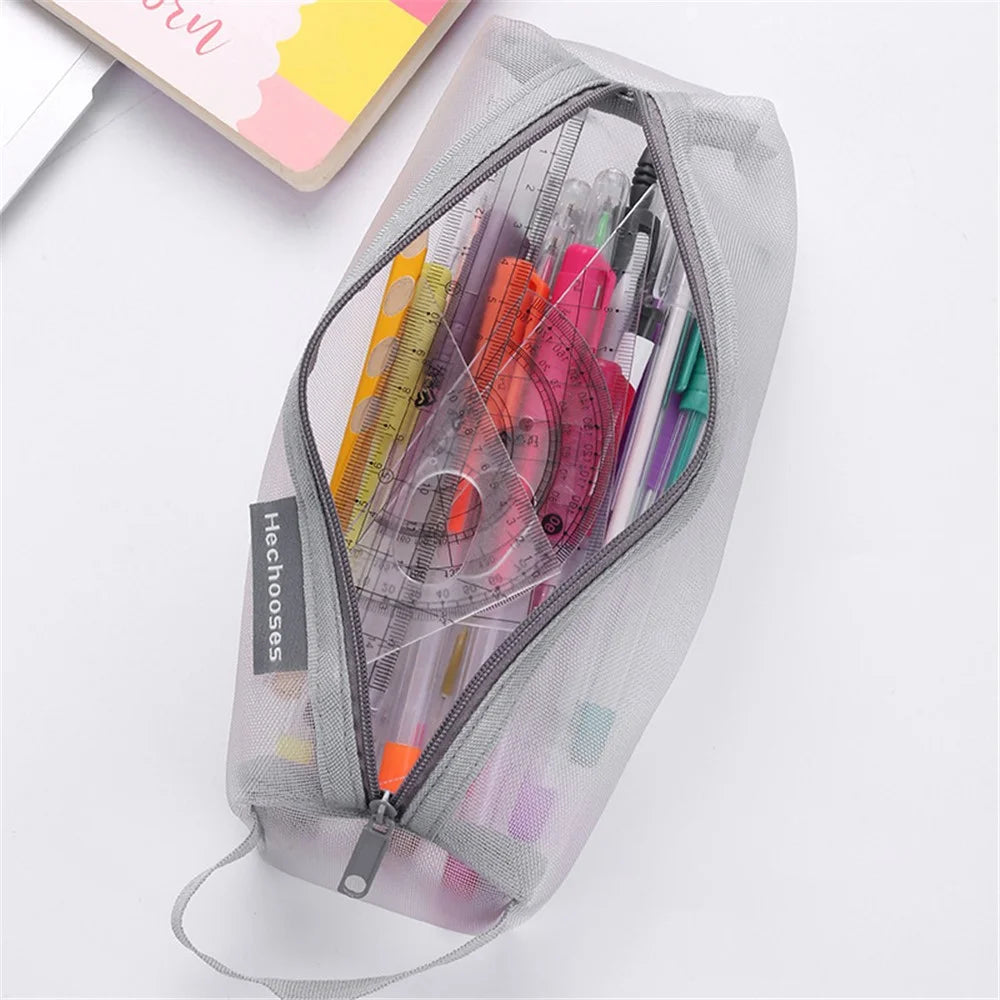 HE CHOOSES D048 Nylon Mesh Student Pencil Stationery Storage Bag with Hand Strap - Grey - 6