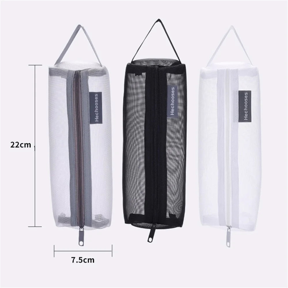 HE CHOOSES D048 Nylon Mesh Student Pencil Stationery Storage Bag with Hand Strap - Grey - 7