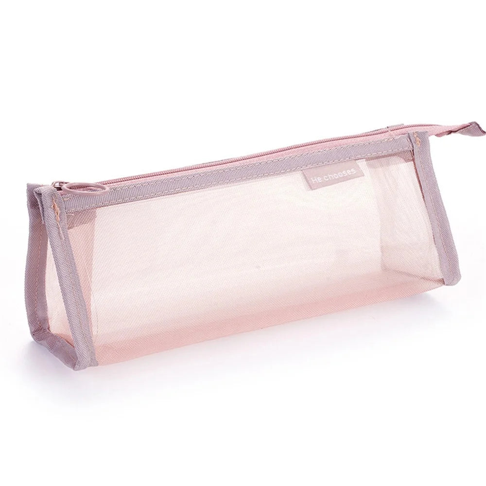 D002 Zipper Pencil Case Clear Mesh Pencil Pouch Stationery Cosmetic Nylon Storage Bag - Red - 1