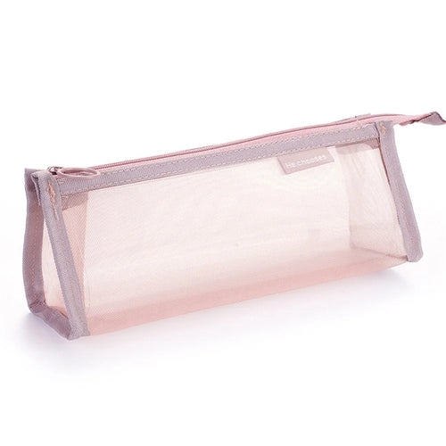 D002 Zipper Pencil Case Clear Mesh Pencil Pouch Stationery Cosmetic Nylon Storage Bag - Red - 1