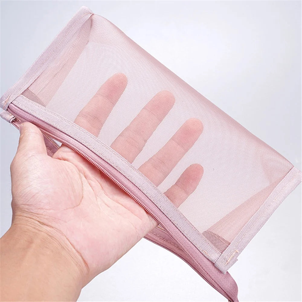 D002 Zipper Pencil Case Clear Mesh Pencil Pouch Stationery Cosmetic Nylon Storage Bag - Red - 2