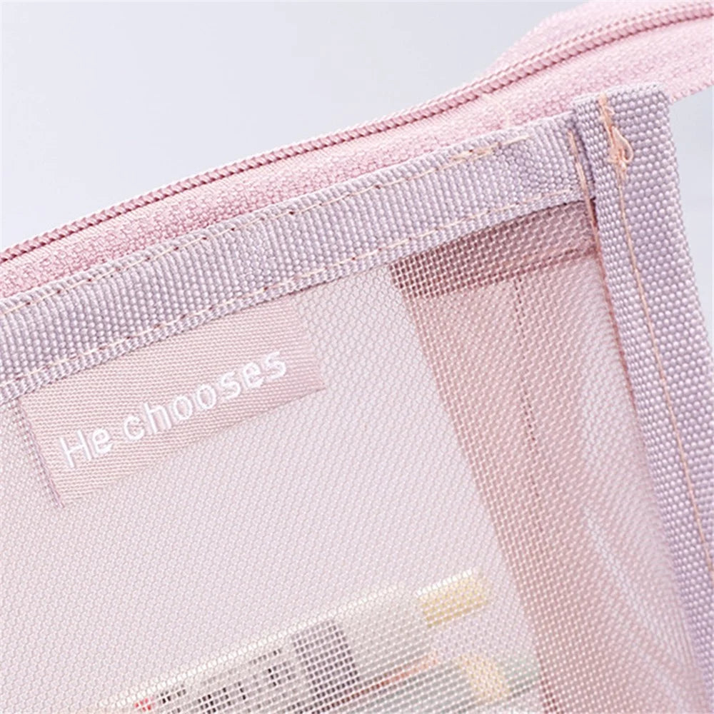 D002 Zipper Pencil Case Clear Mesh Pencil Pouch Stationery Cosmetic Nylon Storage Bag - Red - 3