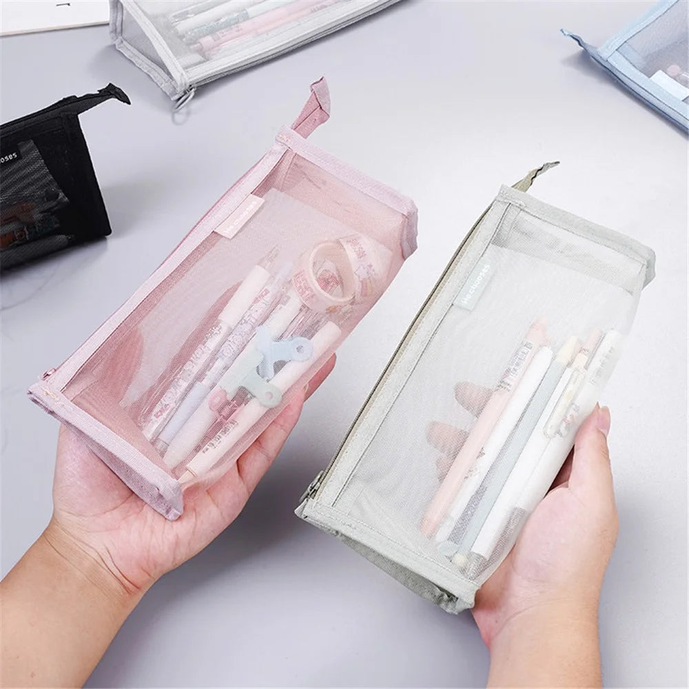 D002 Zipper Pencil Case Clear Mesh Pencil Pouch Stationery Cosmetic Nylon Storage Bag - Red - 4