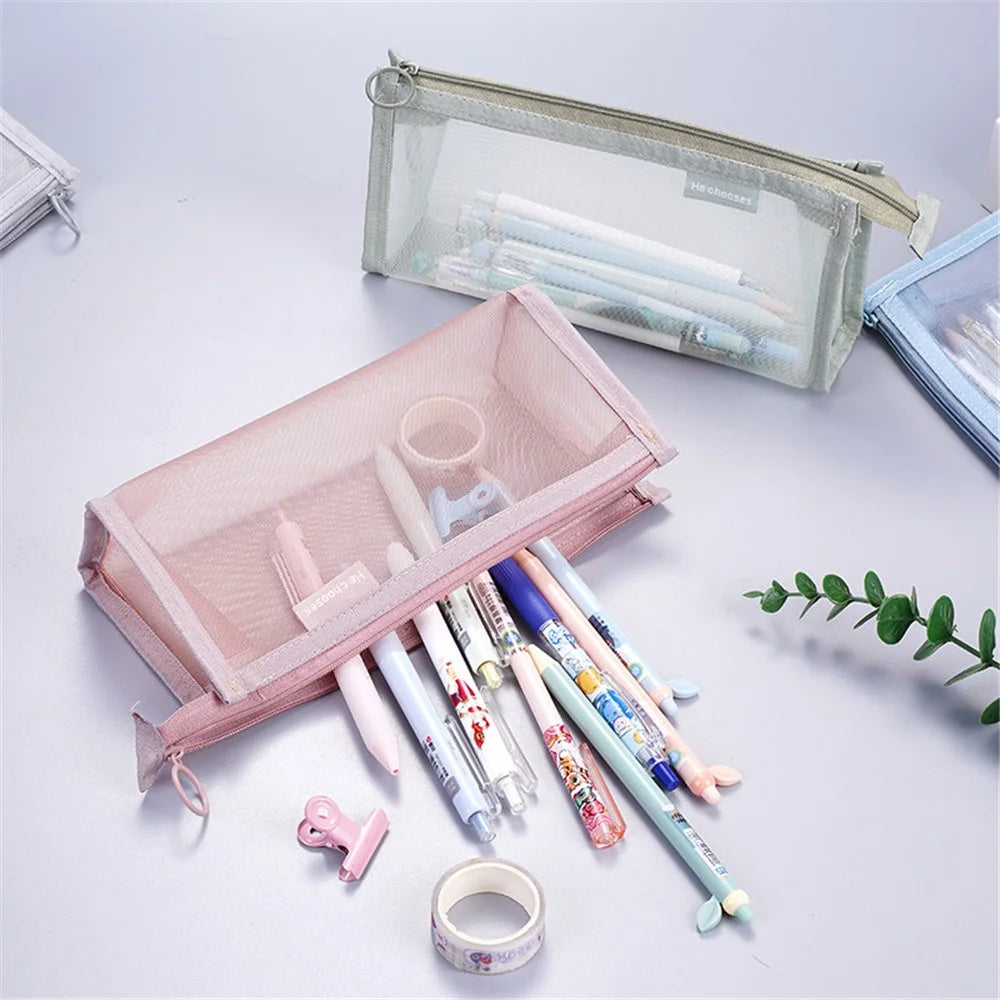 D002 Zipper Pencil Case Clear Mesh Pencil Pouch Stationery Cosmetic Nylon Storage Bag - Red - 5