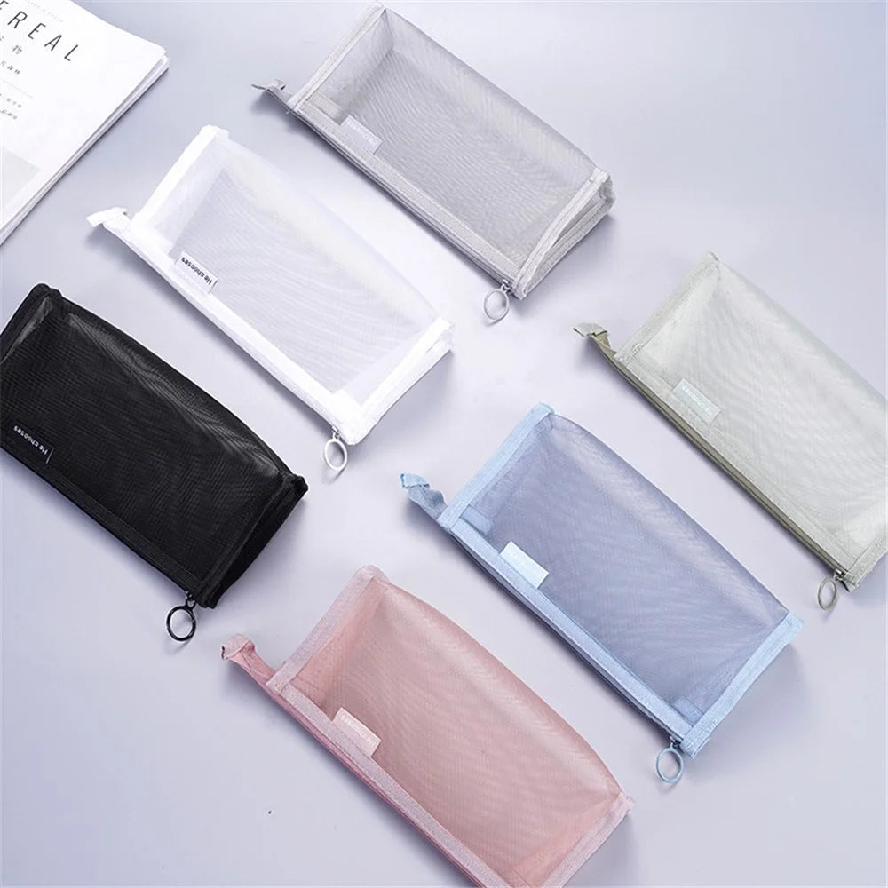 D002 Zipper Pencil Case Clear Mesh Pencil Pouch Stationery Cosmetic Nylon Storage Bag - Red - 6