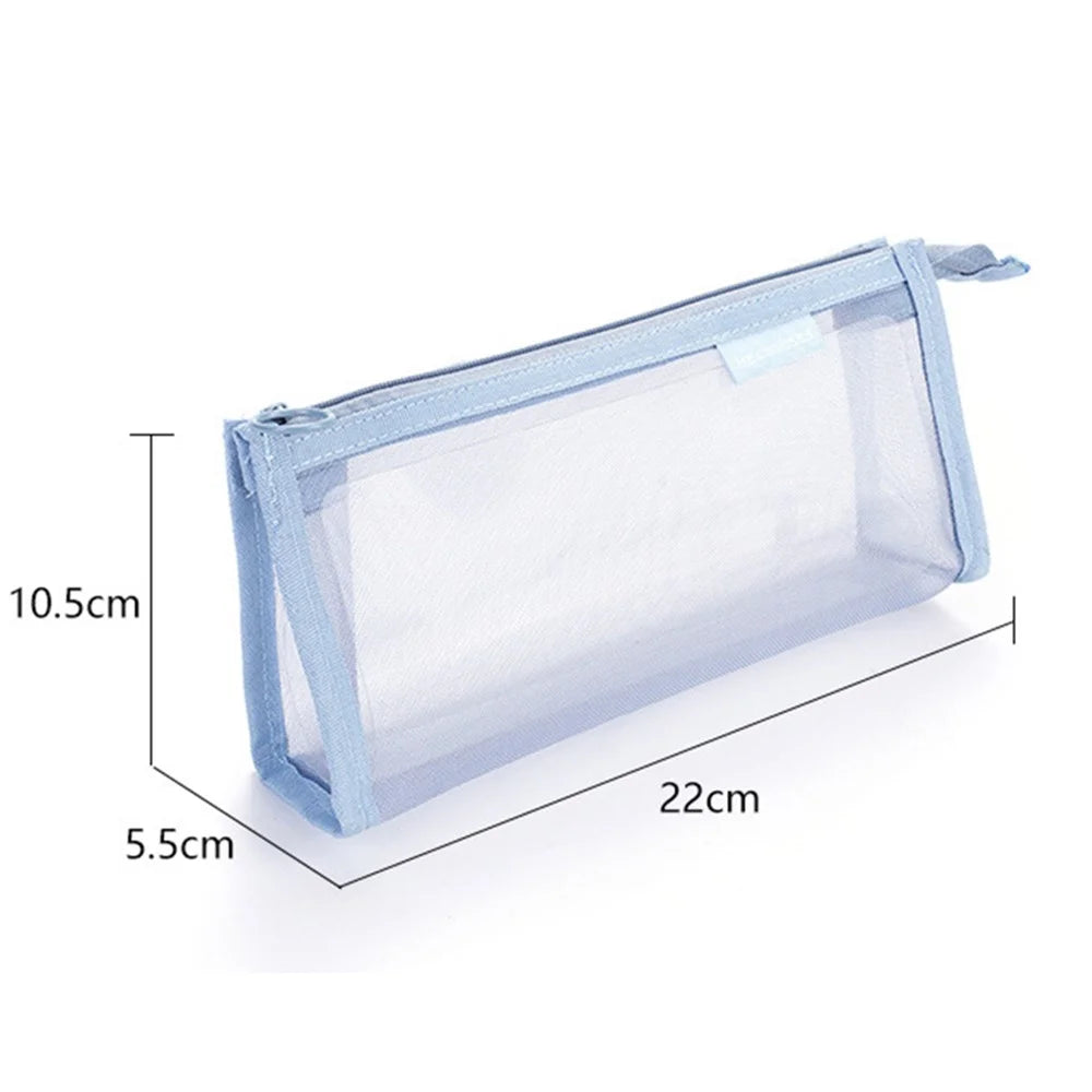 D002 Zipper Pencil Case Clear Mesh Pencil Pouch Stationery Cosmetic Nylon Storage Bag - Red - 7
