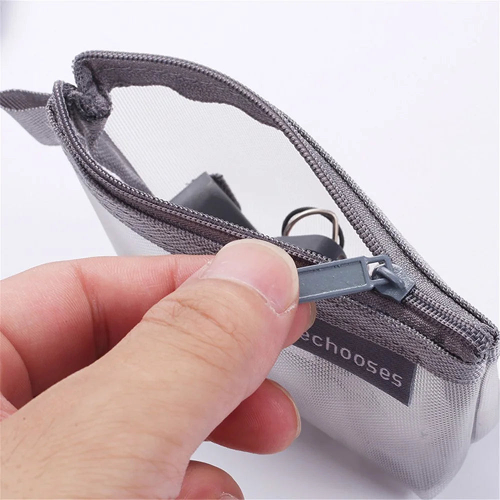 HE CHOOSES D015 Nylon Mesh Coin Purse Keys Cards Zipper Storage Bag - Grey - 5