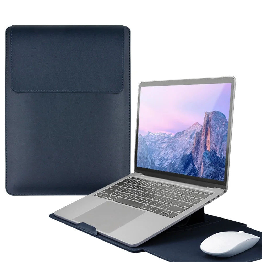 13-inch PU Leather Laptop Bag with Adjustable Stand Notebook Sleeve - Navy Blue - 1