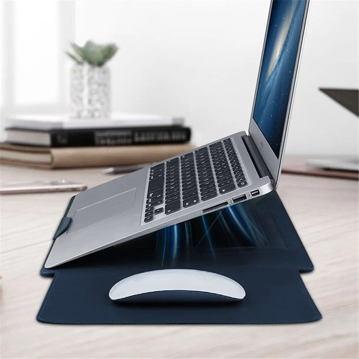 13-inch PU Leather Laptop Bag with Adjustable Stand Notebook Sleeve - Navy Blue - 3