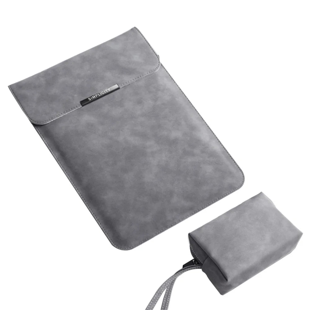 13 / 14 inch Ultra Slim Vertical PU Leather Laptop Bag Notebook Sleeve + Small Bag - Grey - 1