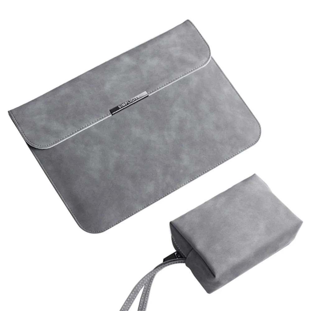 13 / 14 inch Horizontal Laptop Bag Ultra Slim PU Leather Notebook Sleeve + Small Bag - Grey - 1