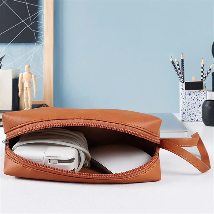 PU Leather Storage Bag Electronic Accessory Organizer with Hand Strap - Brown - 3