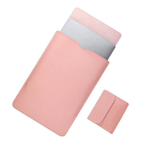 14 inch Laptop Sleeve Ultra-Thin PU Leather Carrying Pouch + Small Bag - Milk Tea Pink - 1