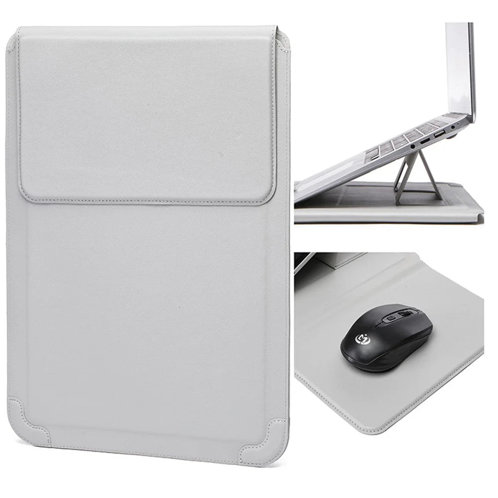 12-13.3 inch Laptop Case PU Leather Ultra-Slim Folding Stand Notebook Carrying Bag - Grey - 1