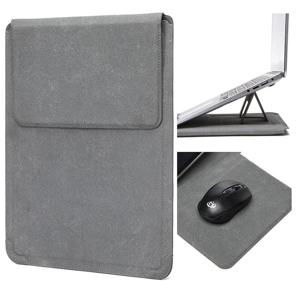 15-16 inch Laptop Sleeve Case PU Leather Ultra Thin Carrying Bag with Folding Stand - Matte Grey - 1