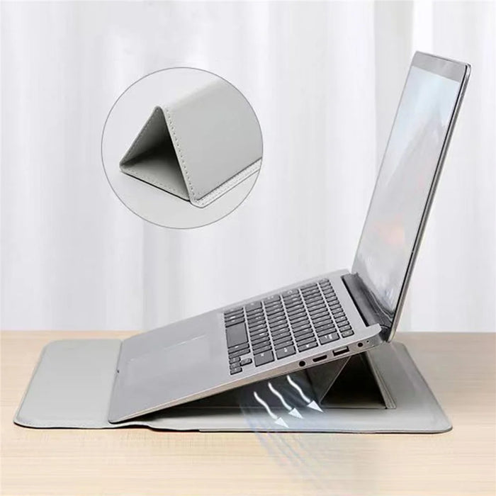 13-13.3 inch Notebook Computer Bag PU Leather Foldable Stand Laptop Storage Sleeve - Grey - 6