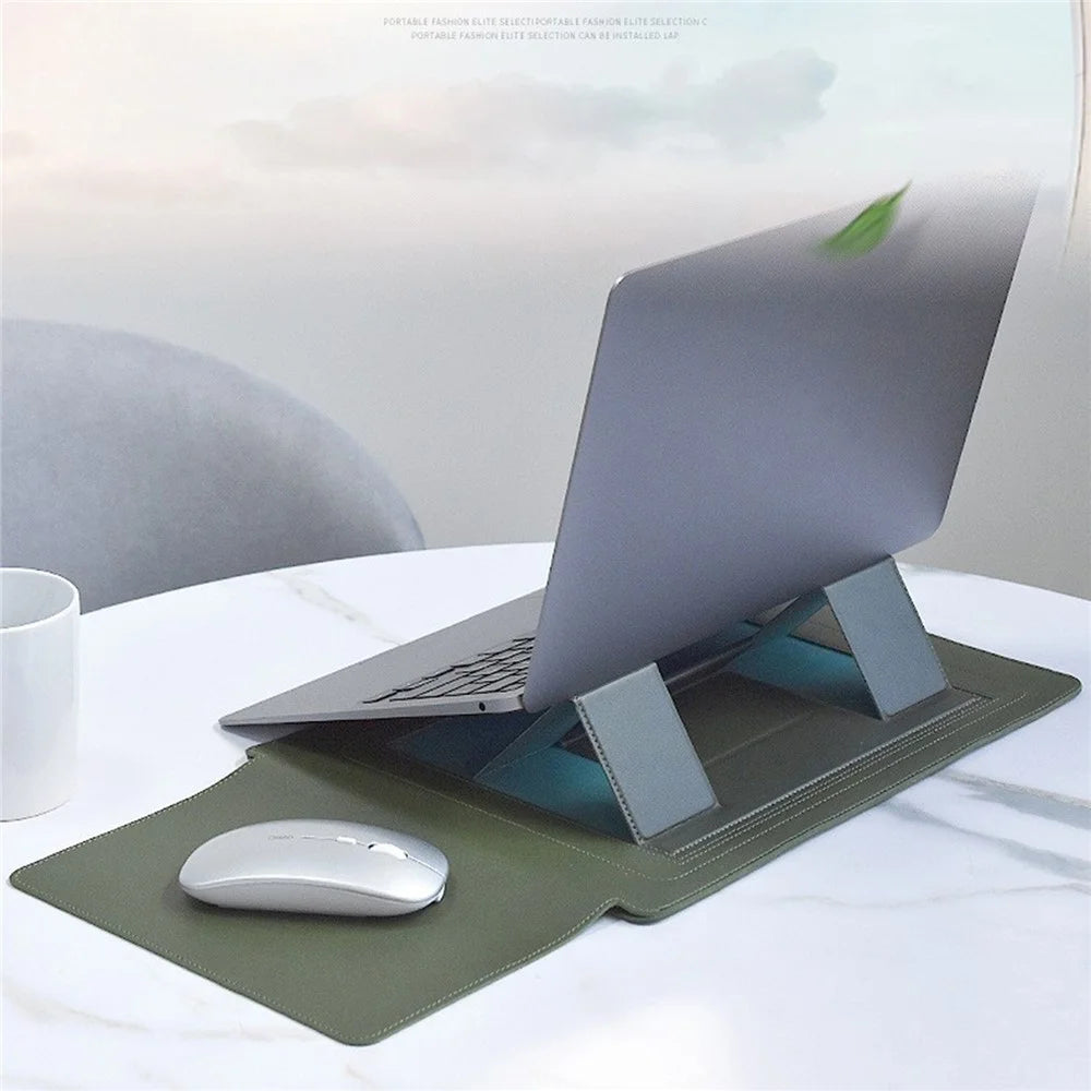 15.4-15.6 inch Notebook Carrying Bag Fold Laptop Stand Slim PU Leather Waterproof Sleeve Case - Army Green - 7