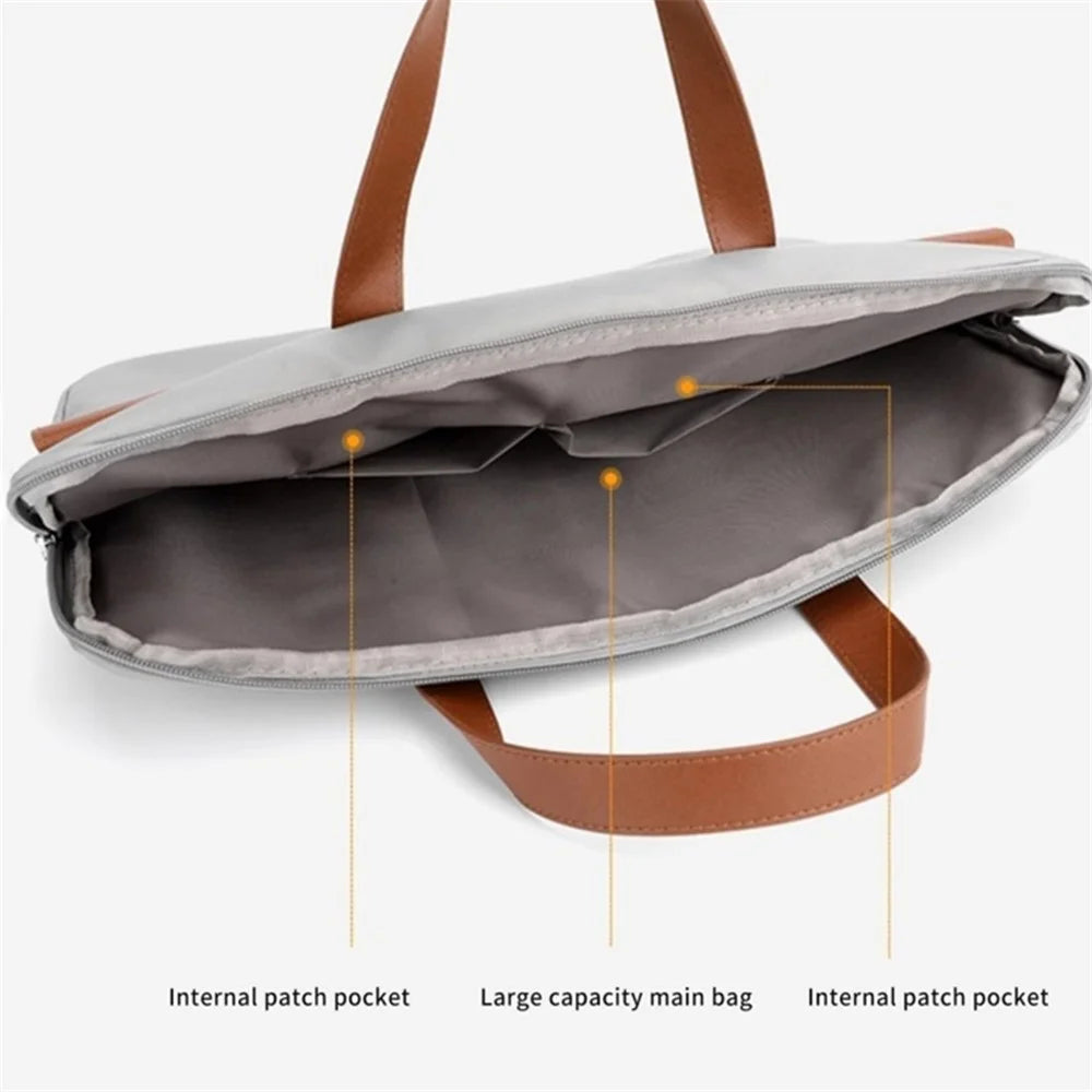 Laptop Handbag PU Notebook Storage Bag Large Capacity Carrying Pouch with Splicing Color Design - Grey - 3