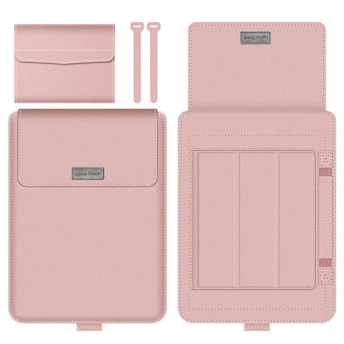 16-17 inch Laptop Sleeve Bag PU Leather Notebook Carrying Pouch with Mouse Bag and Cable Bundle Straps - Rose Gold - 1