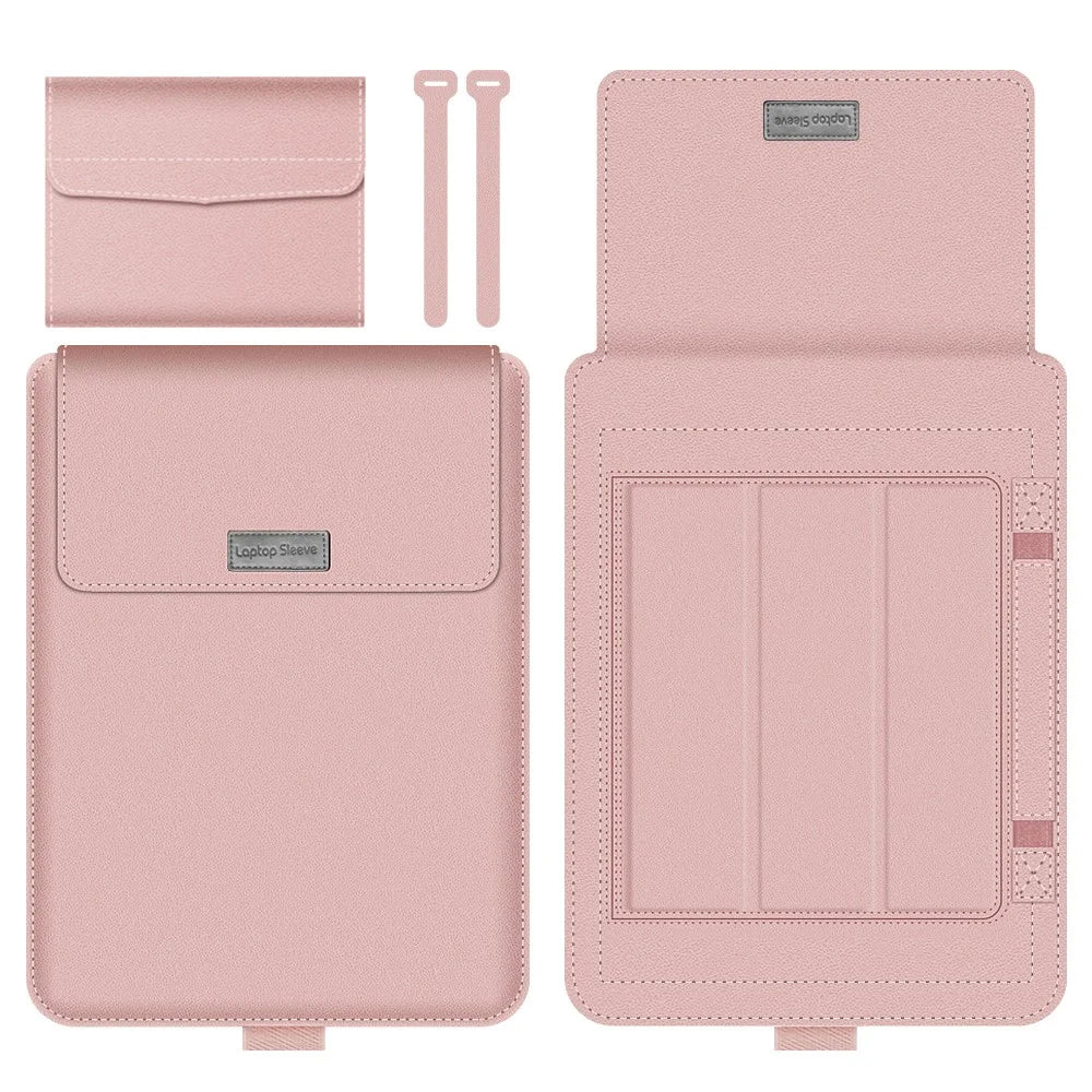 16-17 inch Laptop Sleeve Bag PU Leather Notebook Carrying Pouch with Mouse Bag and Cable Bundle Straps - Rose Gold - 1