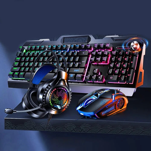 YINDIAO V2G5 Wired Metal Panel Keyboard + Mouse + Headphones + Mouse Pad Computer Accessories Set - Black Keyboard / Colorful Light - 1
