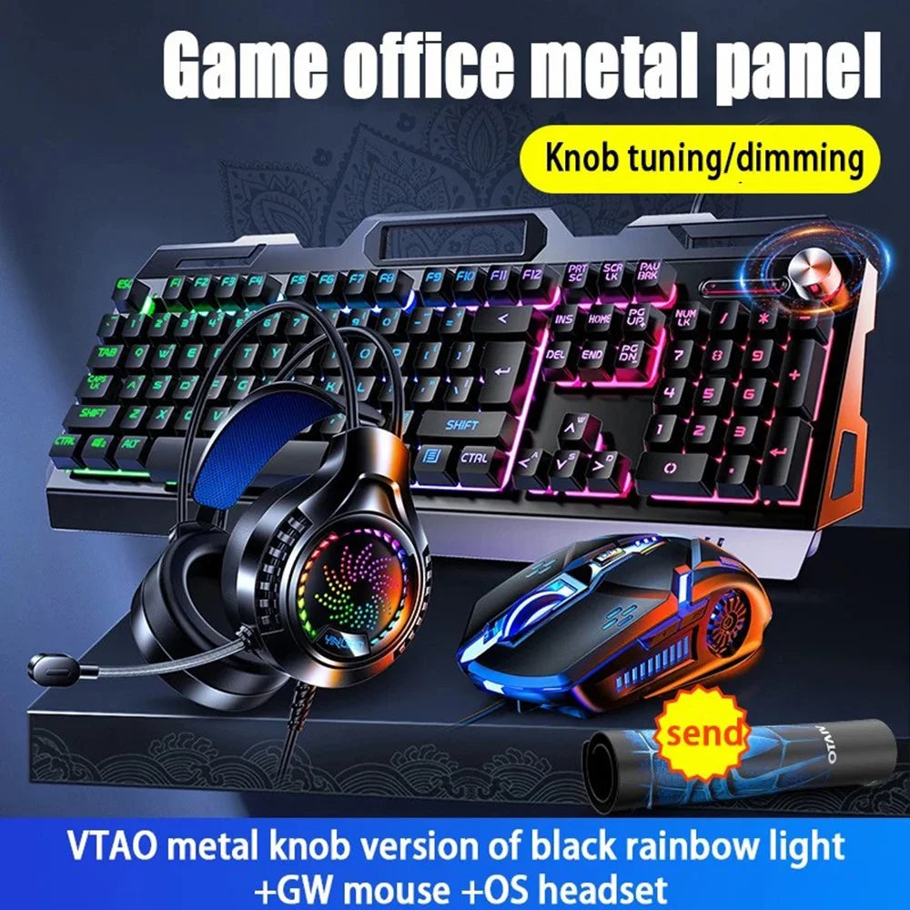 YINDIAO V2G5 Wired Metal Panel Keyboard + Mouse + Headphones + Mouse Pad Computer Accessories Set - Black Keyboard / Colorful Light - 2