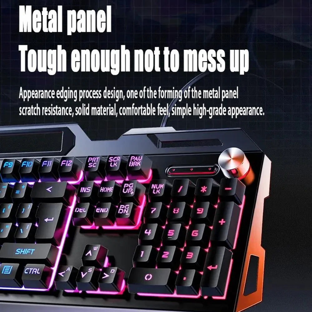 YINDIAO V2G5 Wired Metal Panel Keyboard + Mouse + Headphones + Mouse Pad Computer Accessories Set - Black Keyboard / Colorful Light - 3
