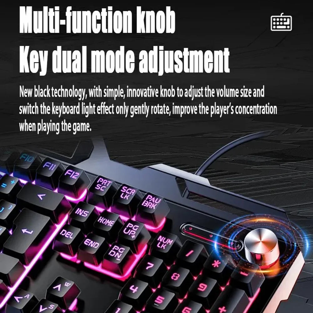 YINDIAO V2G5 Wired Metal Panel Keyboard + Mouse + Headphones + Mouse Pad Computer Accessories Set - Black Keyboard / Colorful Light - 4