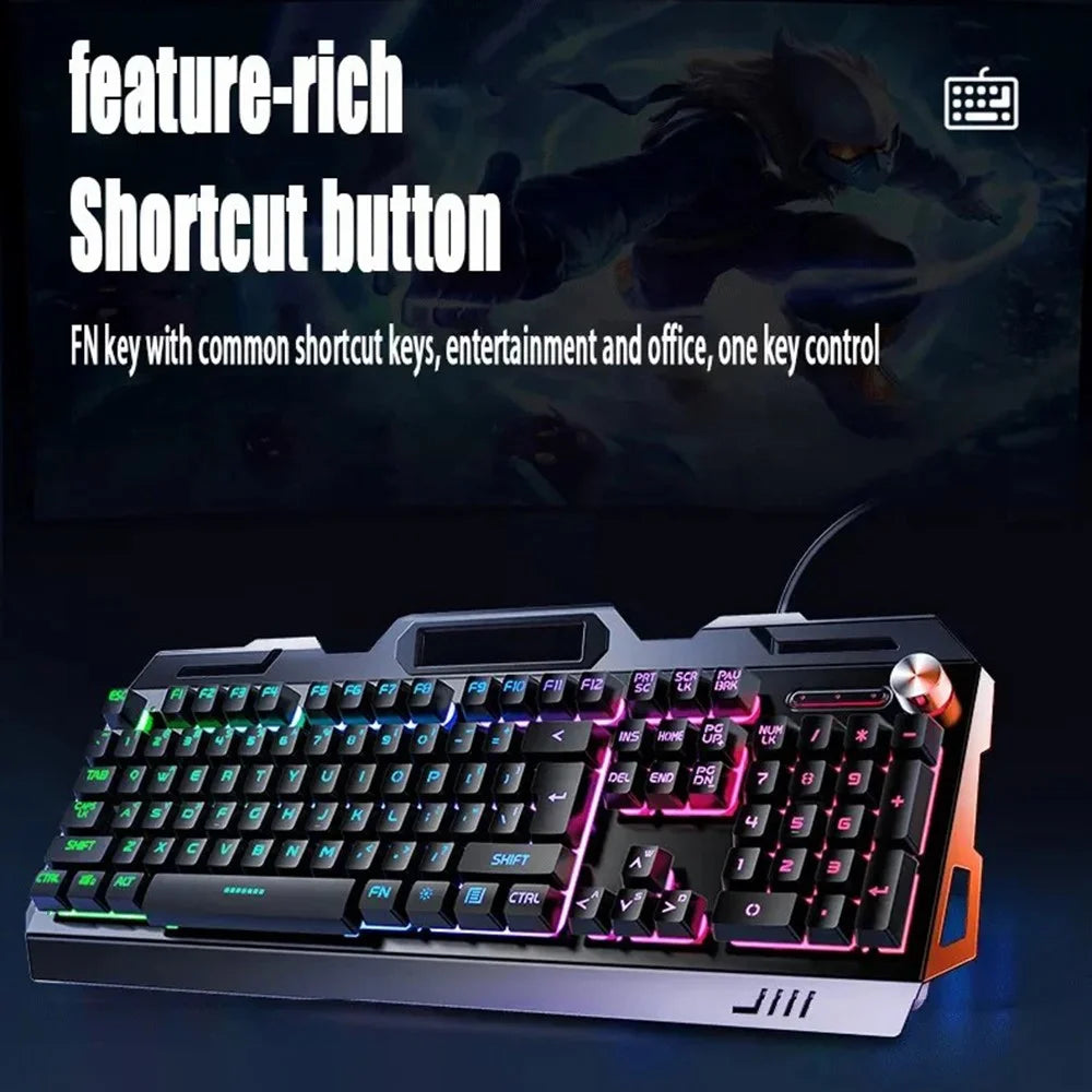 YINDIAO V2G5 Wired Metal Panel Keyboard + Mouse + Headphones + Mouse Pad Computer Accessories Set - Black Keyboard / Colorful Light - 5