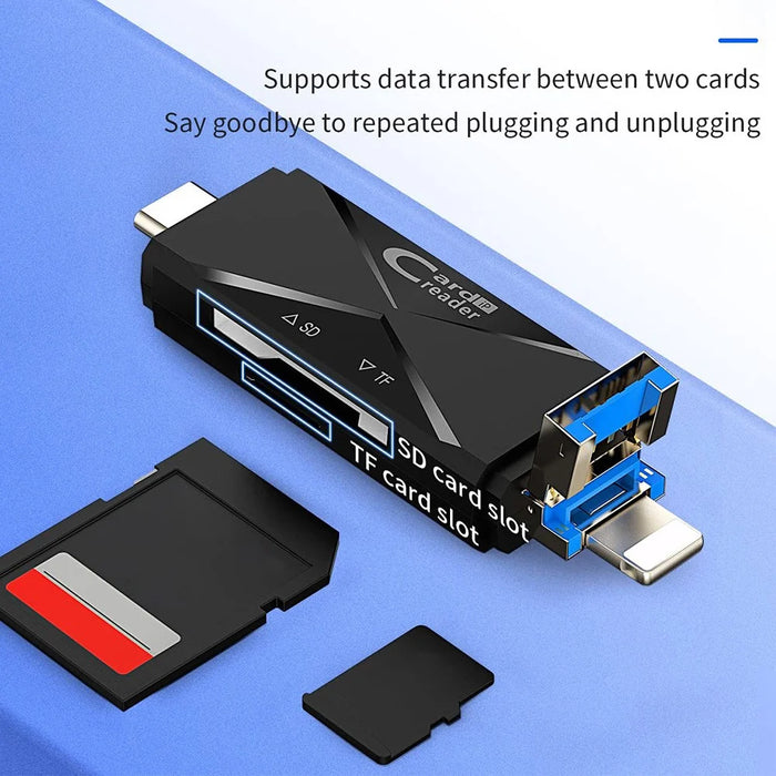 ADS-218 USB / 8-Pin / Type-C 3-in-1 SD TF Memory Card Reader Data Transfer Adapter - Black - 7