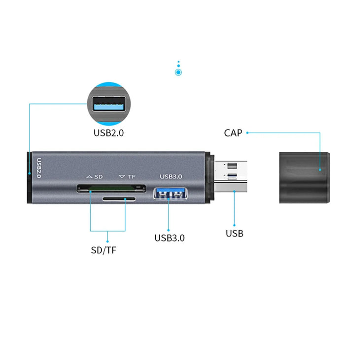 ADS-308A Aluminum Alloy USB 3.0 + USB 2.0 Splitter Hub SD / TF Card Reader - 4
