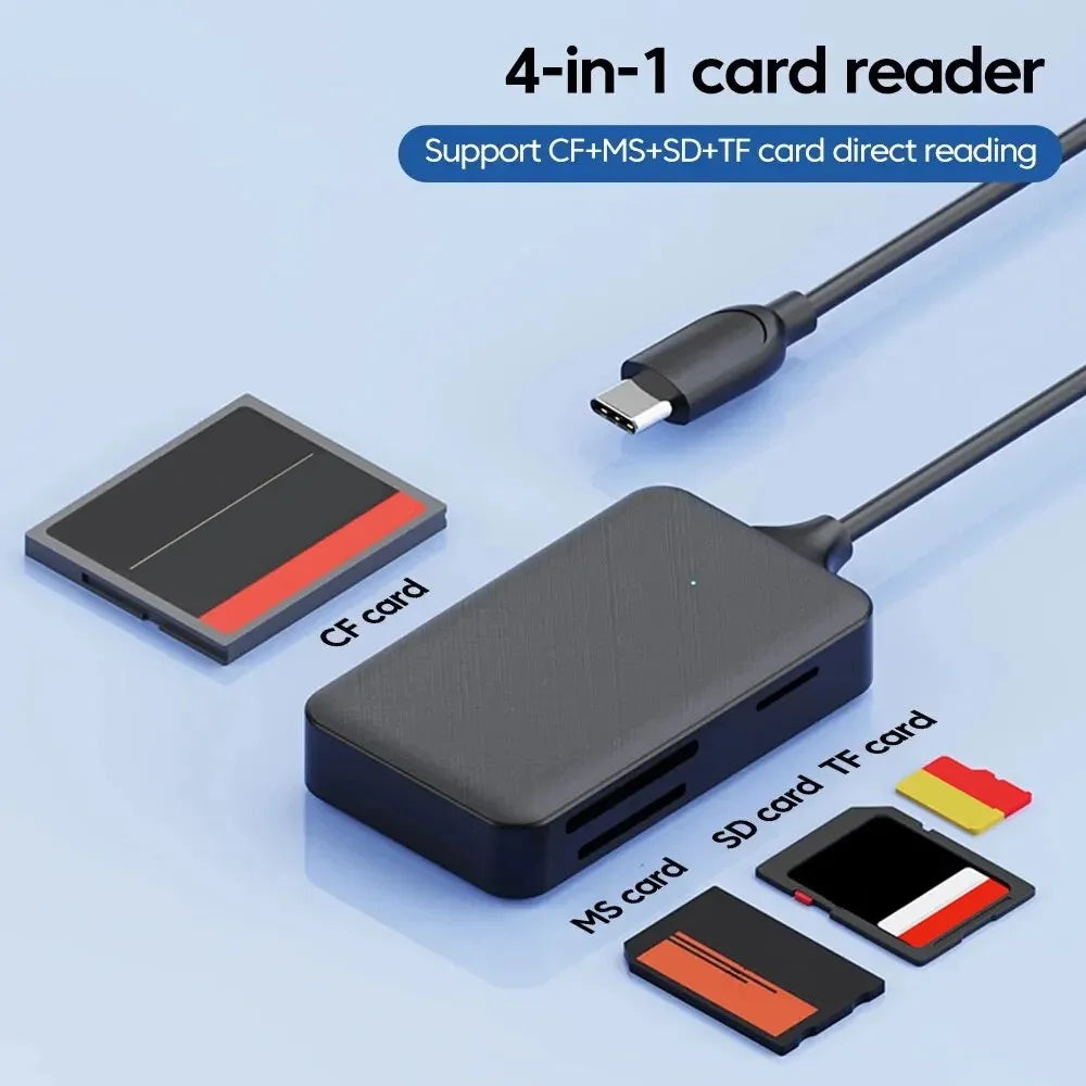 4-In-1 USB-C Card Reader for SD+TF+MS+CF Cards Laptop Computer Data Transfer Adapter - 2