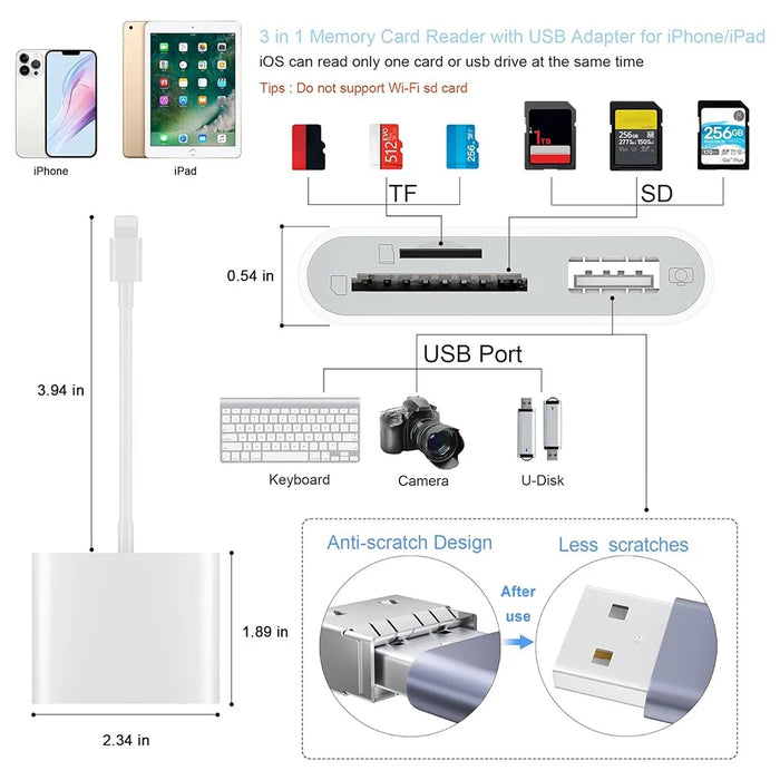 8-Pin Plug SD+TF+USB2.0 Memory Card U-Disk Reader Data Transfer Adapter - 6