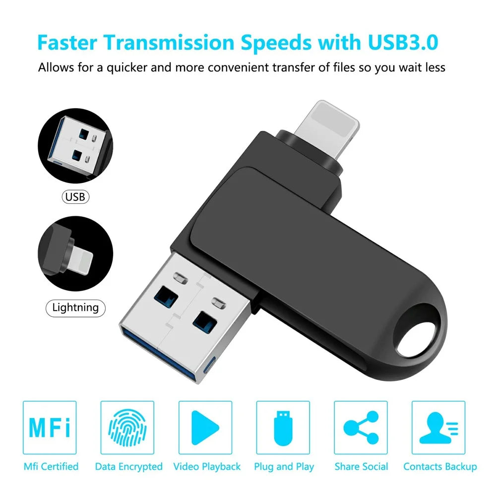 2 in 1 Card Reader 32GB OTG USB Flash Drive with 8Pin + USB 3.0 Port U Disk for iPhone Computer PC - Black - 2